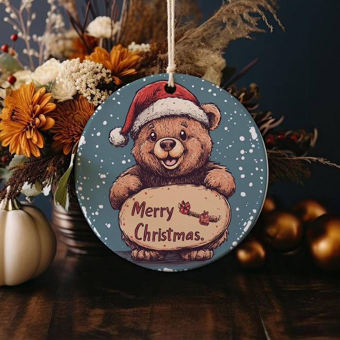 a christmas ornament with a teddy bear holding a sign