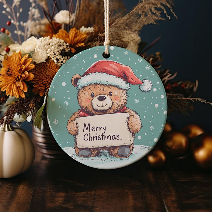 a christmas ornament with a teddy bear holding a sign