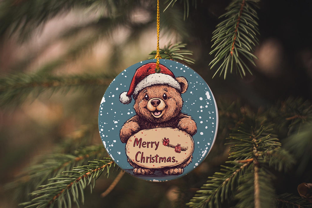 a christmas ornament hanging from a christmas tree