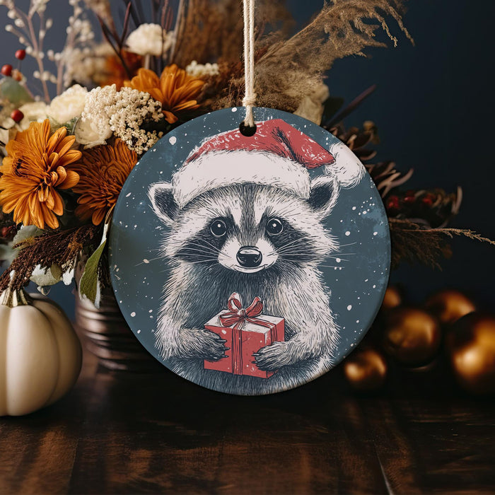 a christmas ornament with a raccoon wearing a santa hat