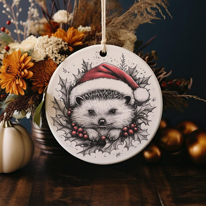 a christmas ornament with a hedge wearing a santa hat