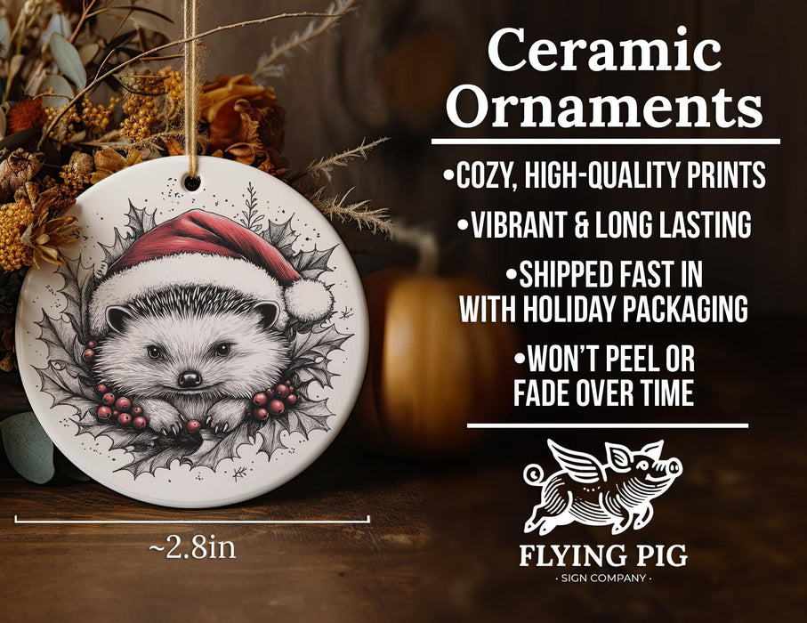 a ceramic ornament with a hedge wearing a santa hat