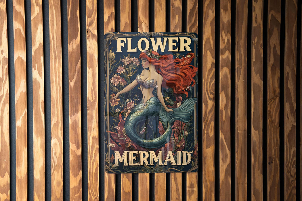 a sign on a wooden wall that says flower mermaid