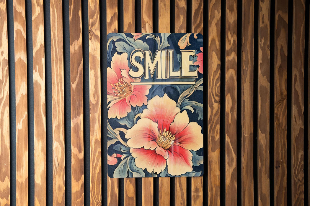 a sign on a wooden wall that says smile