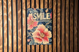 a sign on a wooden wall that says smile