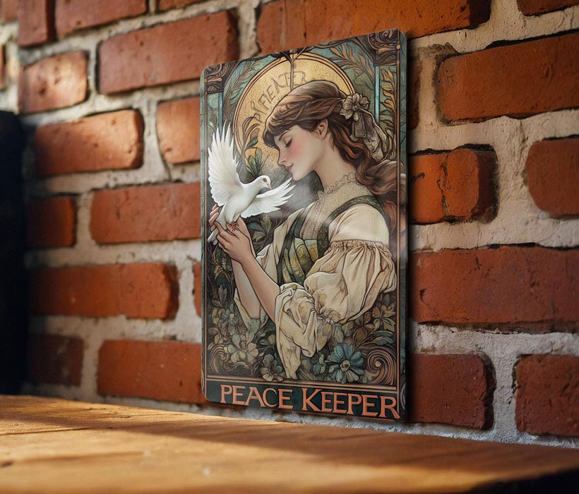 a picture of a woman with a dove on a brick wall