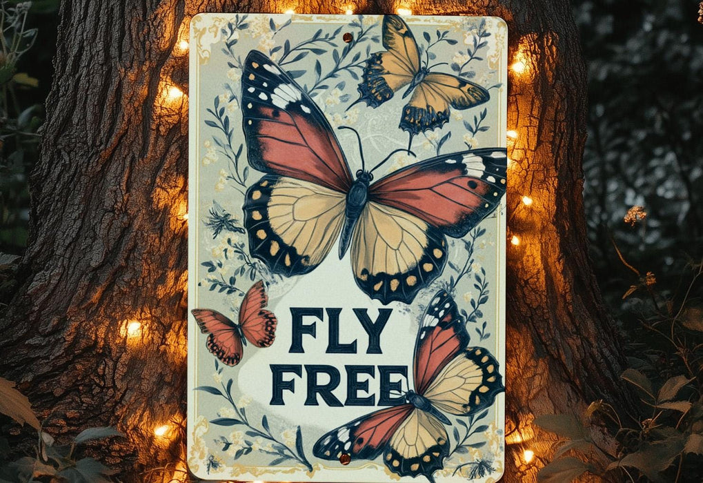 a sign with a bunch of butterflies on it