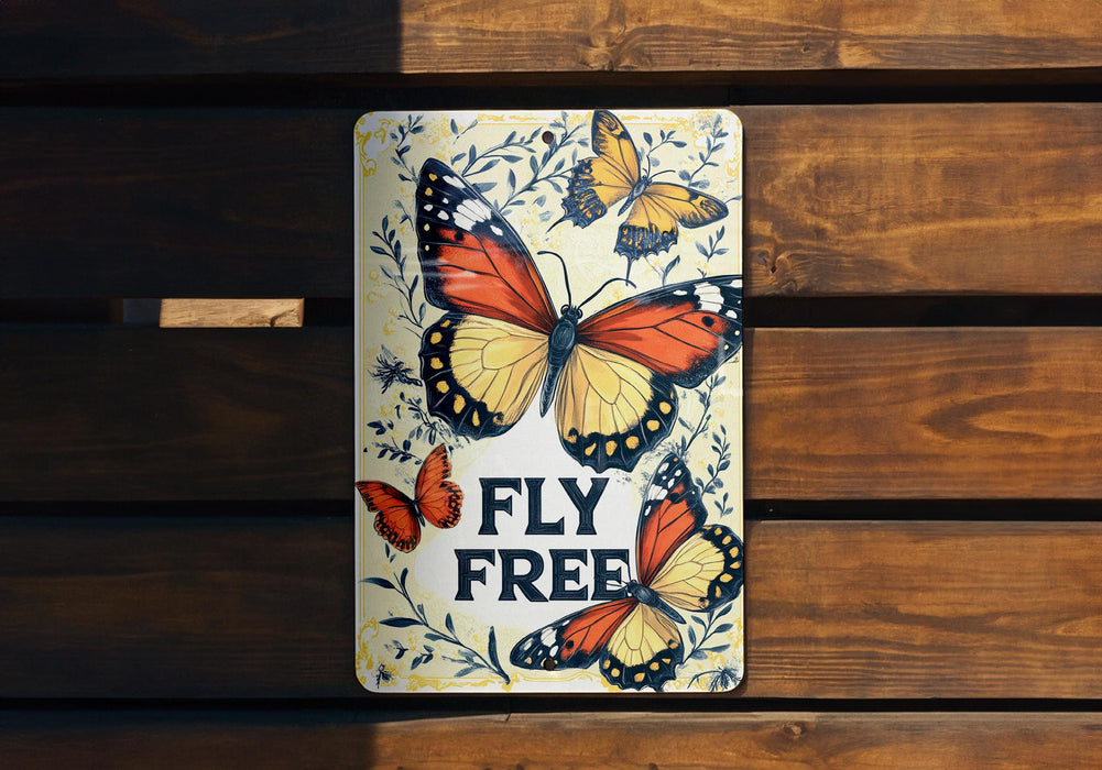 a sign that says fly free on a wooden bench