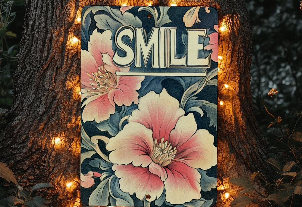 a sign that says smile on it next to a tree