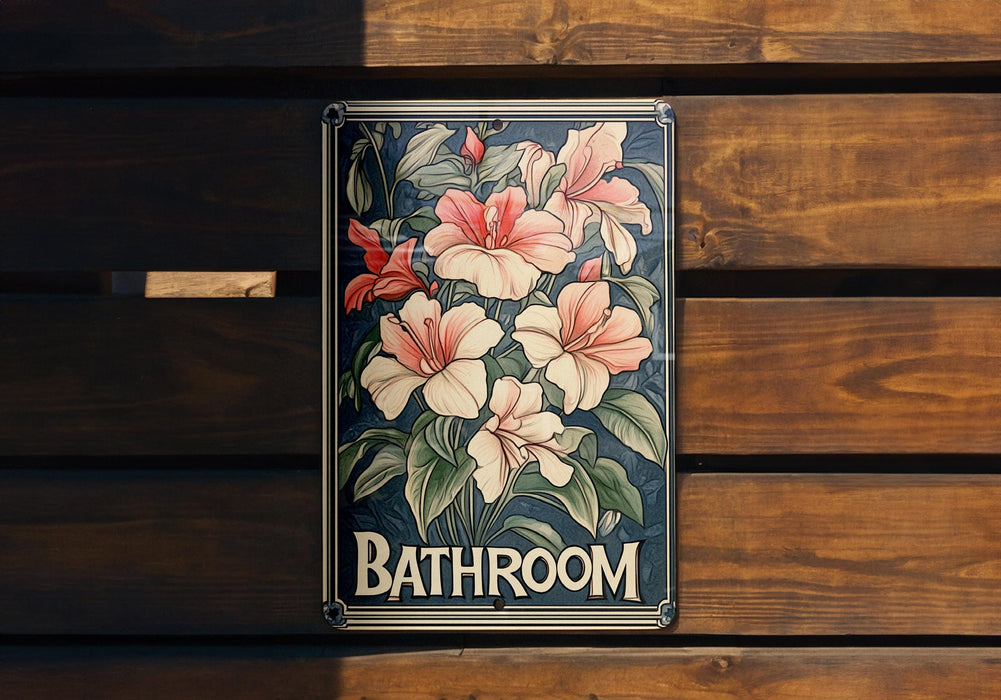 a bathroom sign with flowers painted on it