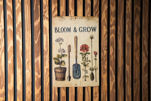 a sign on a wooden wall that says bloom and grow