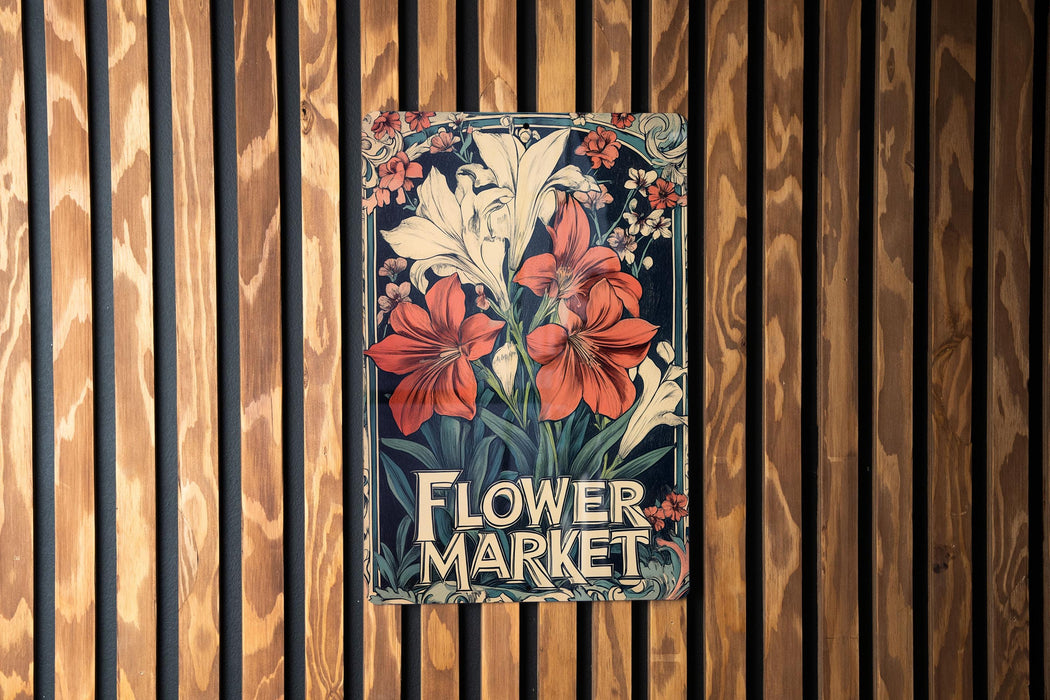 a flower market sign on a wooden wall