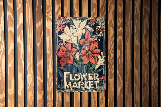 a flower market sign on a wooden wall