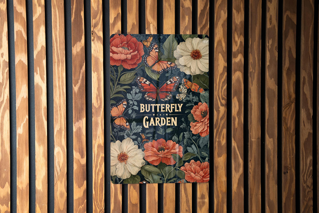 a butterfly garden book on a wooden wall