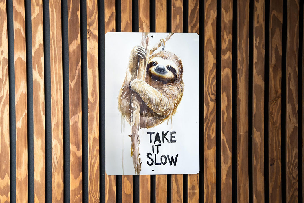 a sticker of a slotty hanging on a wooden wall