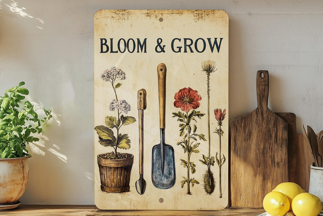 a wooden sign with flowers and gardening utensils