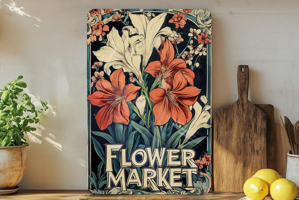 a flower market sign sitting on top of a wooden shelf