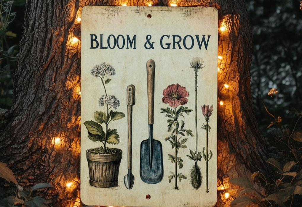 a sign that says bloom and grow next to a tree
