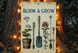 a sign that says bloom and grow next to a tree