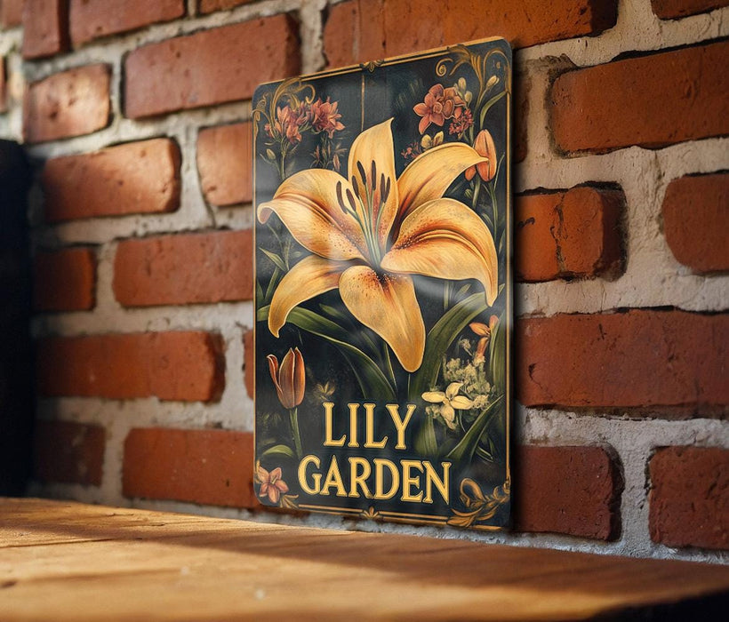 a picture of a lily garden on a brick wall