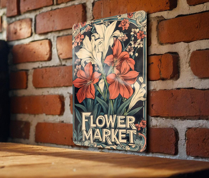 a flower market sign on a brick wall