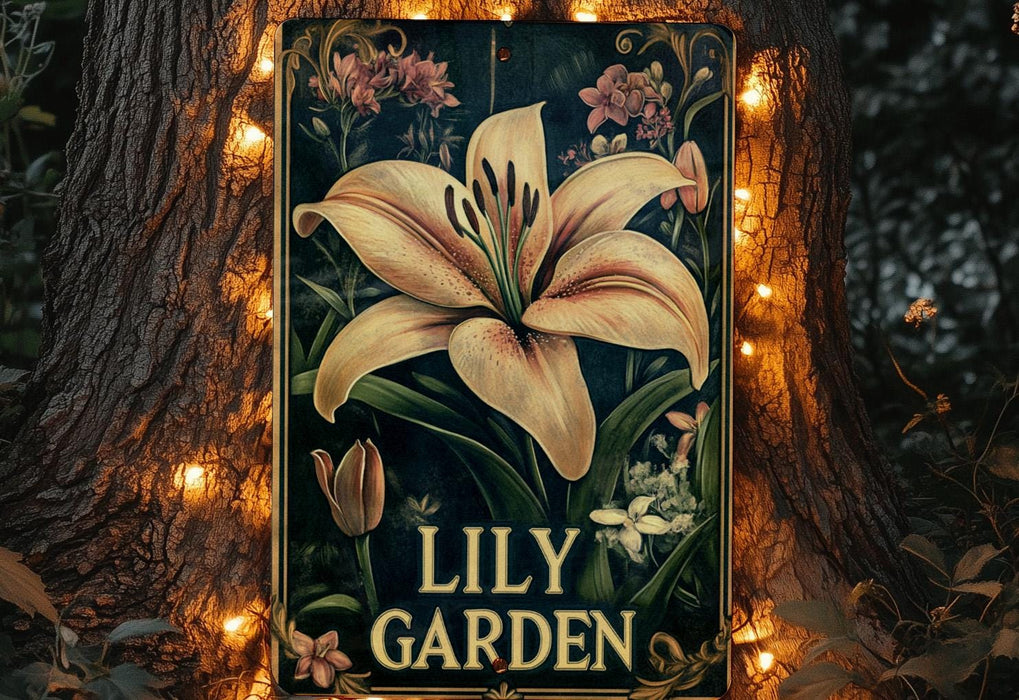 a lit up lily garden sign in front of a tree