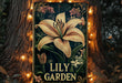 a lit up lily garden sign in front of a tree