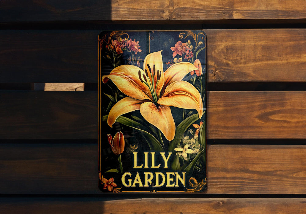 a sign on a wooden bench that says lily garden