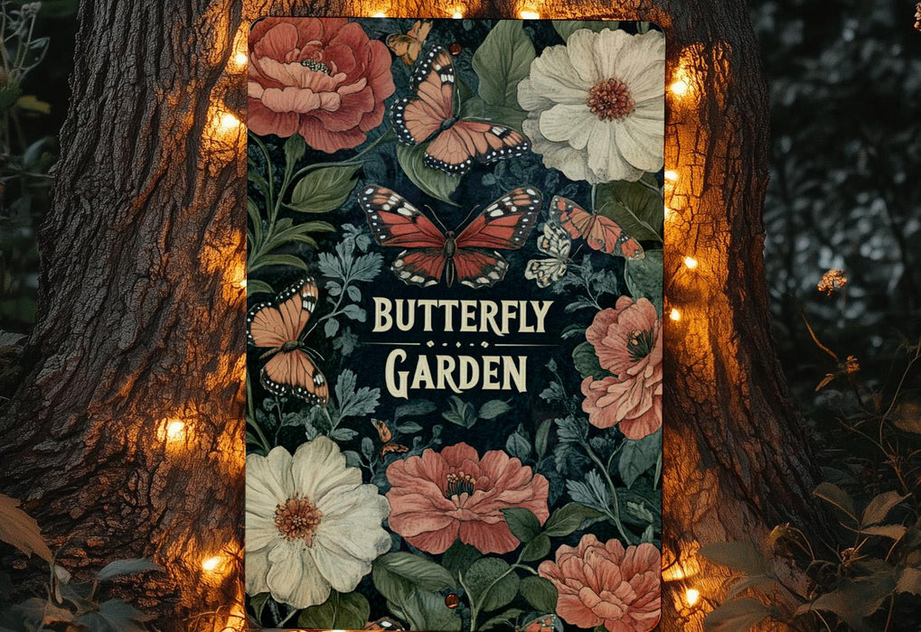 a picture of a butterfly garden surrounded by lights
