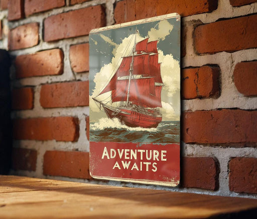 a picture of a red boat on a brick wall
