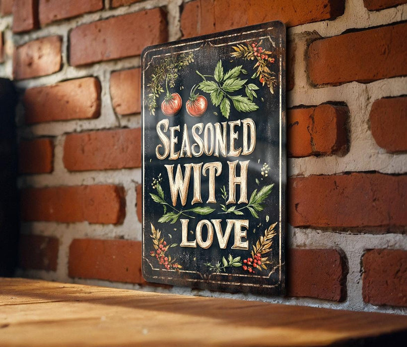 a sign on a brick wall that says seasoned with love