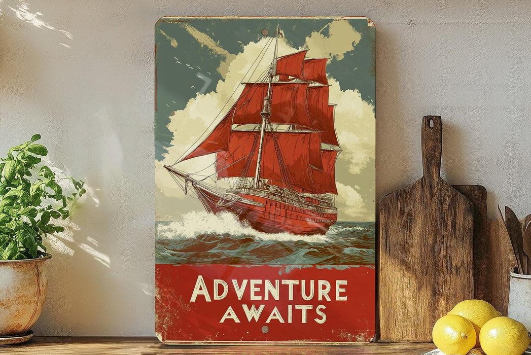 a picture of a red sailboat on a red and white poster