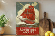 a picture of a red sailboat on a red and white poster