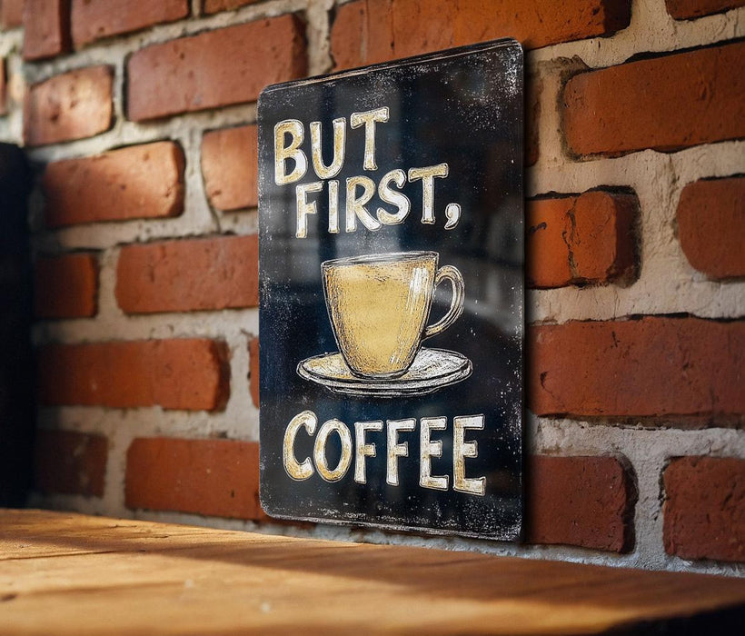 a sign that says but first coffee on a brick wall