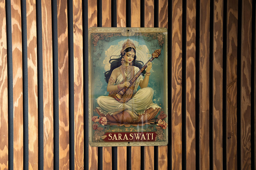 a painting of a woman with a guitar on a wooden wall