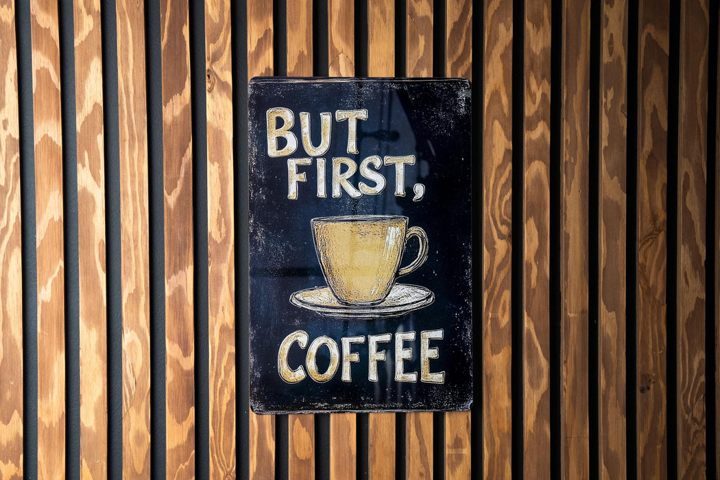 a sign that says but first, coffee on a wooden wall