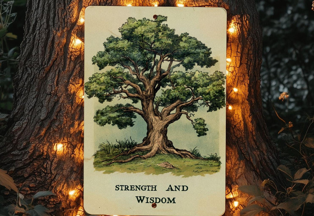 a tree with lights around it and a sign that says strength and wisdom