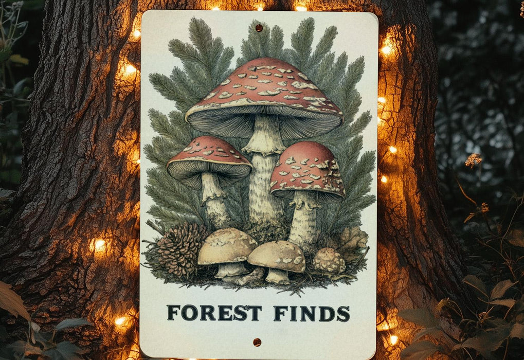a sign with a picture of mushrooms on it