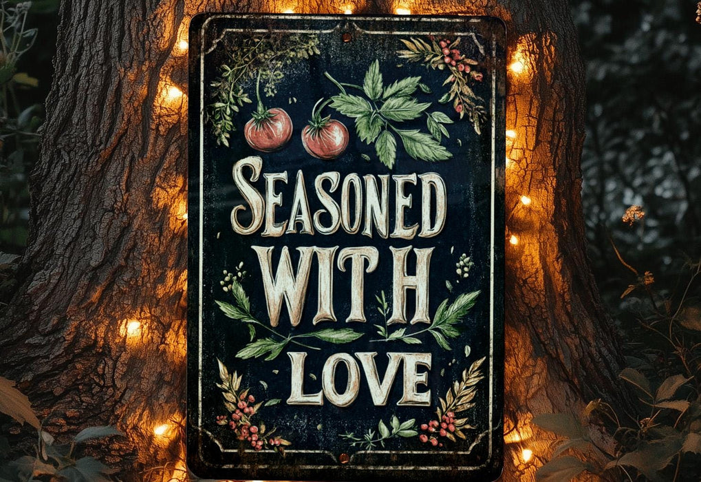 a sign that says seasoned with love on a tree