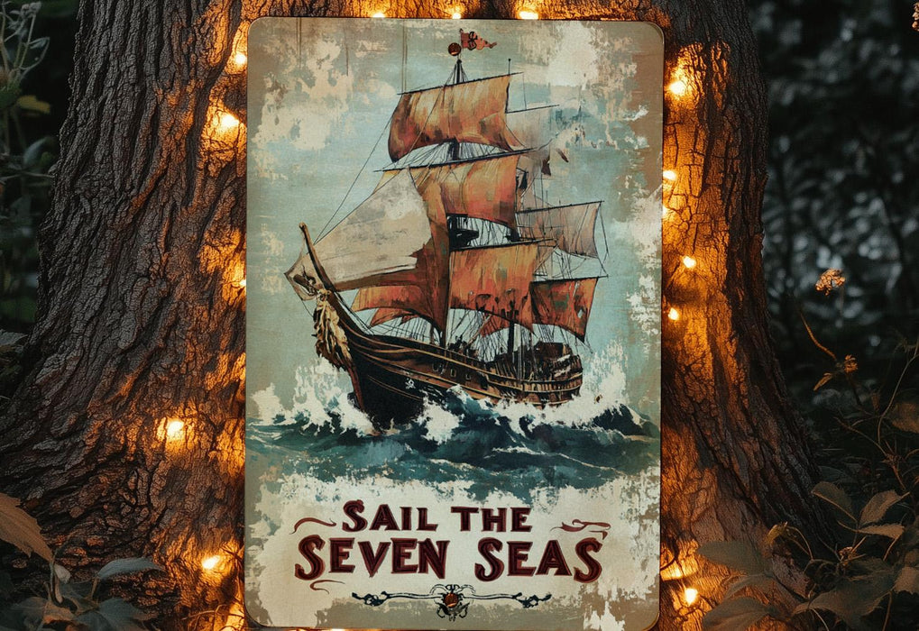 a picture of a sail the seven seas hanging on a tree