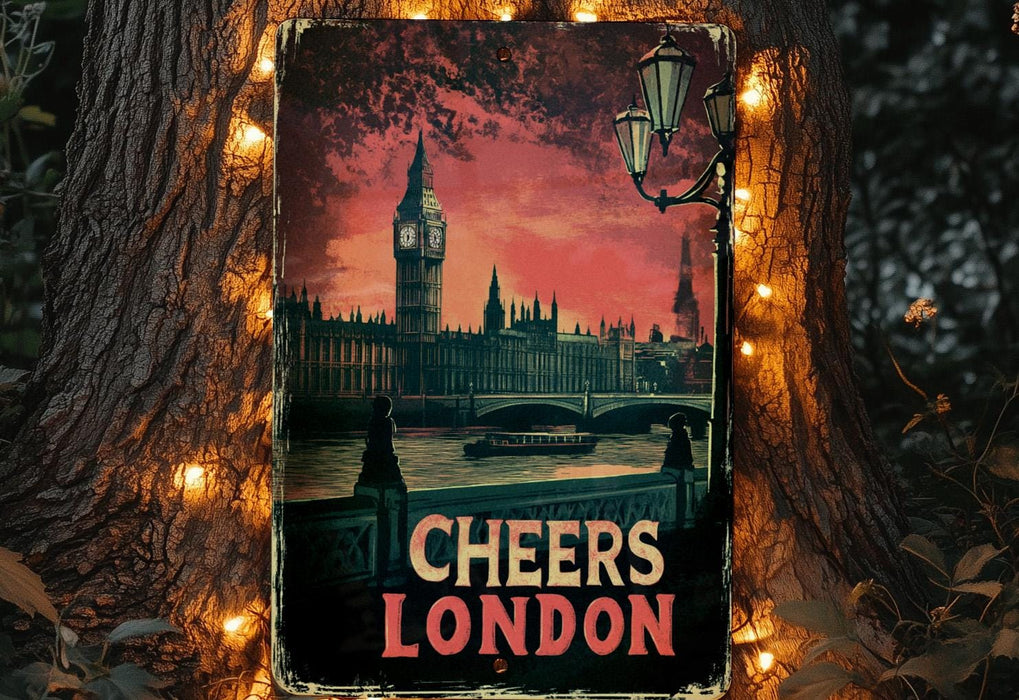a sign that reads cheers london with a clock tower in the background
