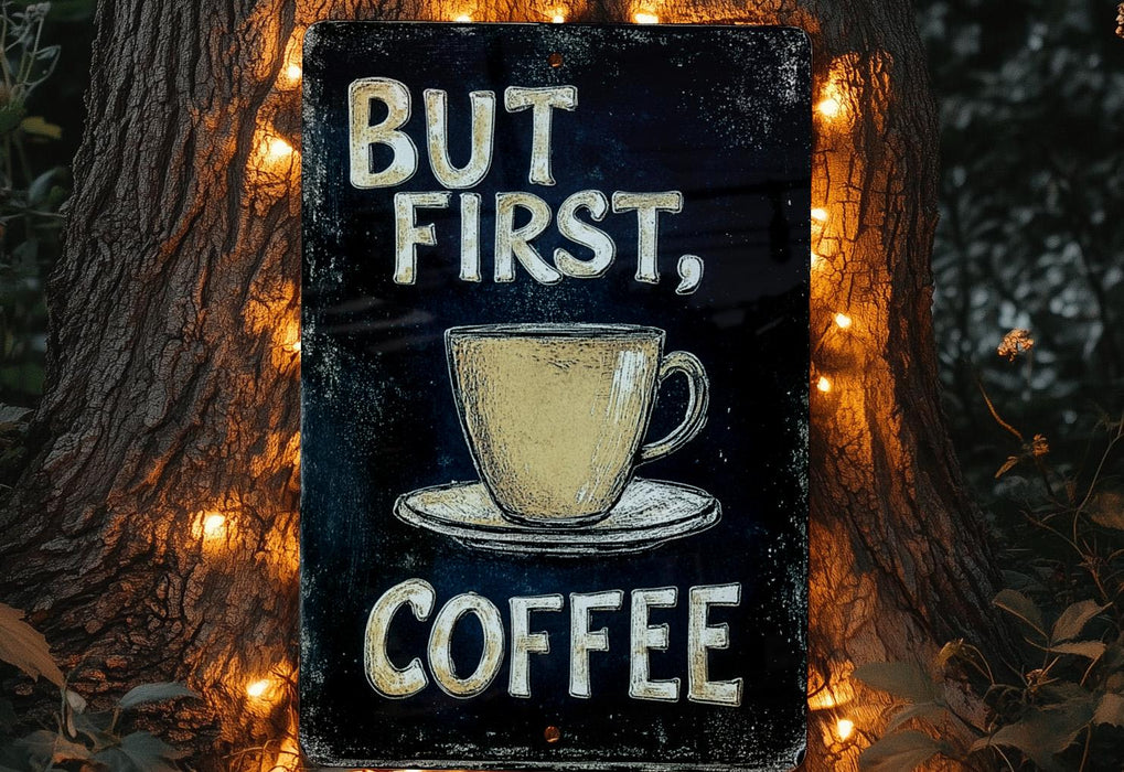 a sign that says, but first, coffee
