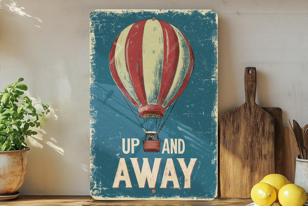 a painting of a hot air balloon with the words up and away