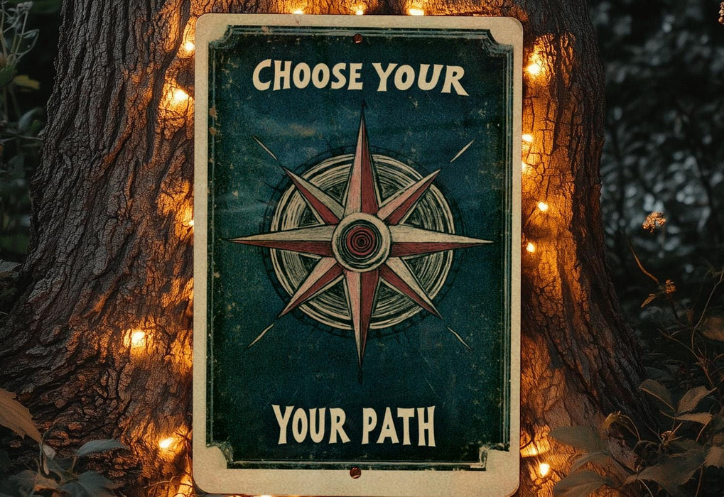 a sign with a compass on it that says choose your path