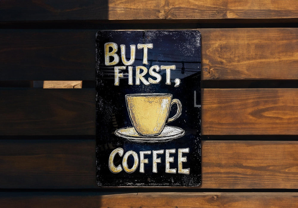 a sign that says, but first, coffee