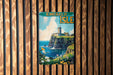a painting of a castle on a wooden wall