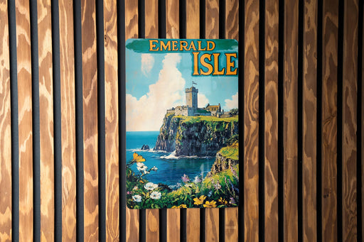 a painting of a castle on a wooden wall