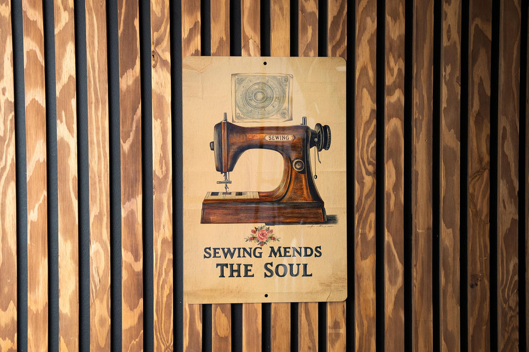 a sign on a wooden wall that says sewing mends the soul