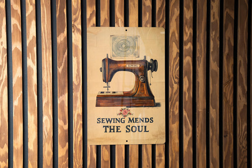 a sign on a wooden wall that says sewing mends the soul