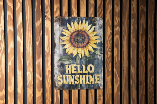 a sign on a wooden wall that says hello sunshine